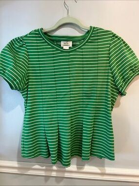 Maeve Green and White Striped Short Sleeve Tee with Peplum